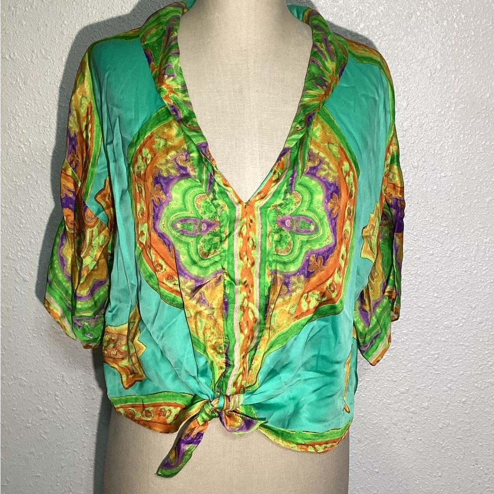 Zara satin vibrant lapel color front tie blouse size small - Picture 5 of 10